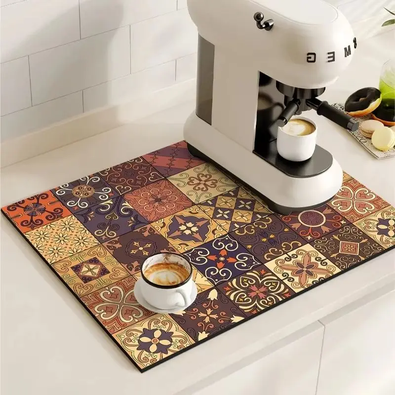 Mediterranean Vintage Floral Tile Coffee Machine Mat, Absorbent Kitchen Countertop Mat, Dish Draining Mat, Home Decor