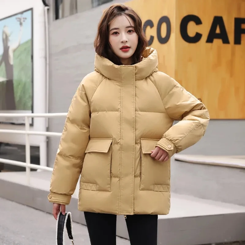 Parkas soltas casuais femininas, casaco chique de algodão, puffer quente, jaqueta grossa com capuz, outwear de inverno, novo, bolso grande, 2022