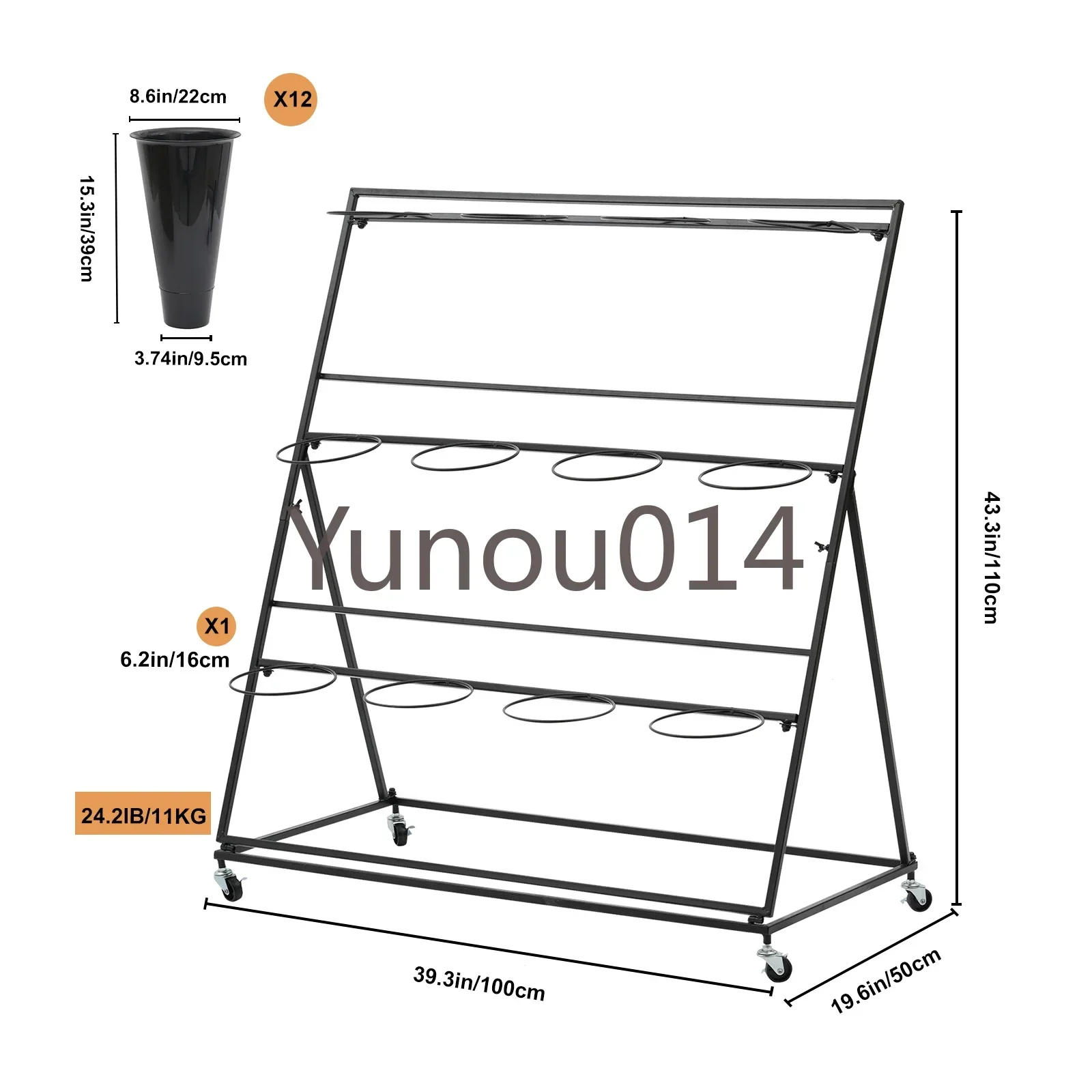 Metal Plant Stand with Wheels, Flower Vase Rack, 12 x Buckets, 3 Layers, Black