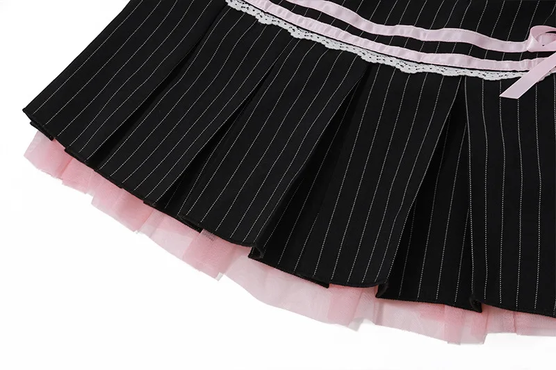 Goth Dark Harajuku Y2k Kwaii Lace Trim Mini Skirts Gothic Cutecore Bow Striped Pleated Skirt Low Waist Color Match Party Bottoms