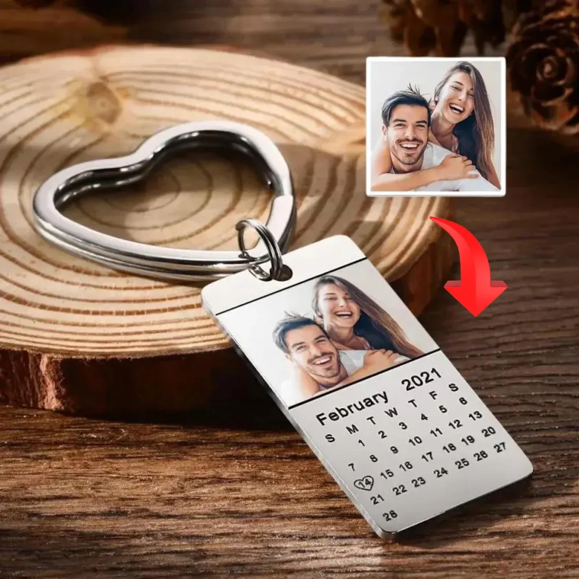 

Personalized Photo Calendar Keychain Stainless Steel Keyring Anniversary Gifts for Women Men Customized Valentine's Day Gift