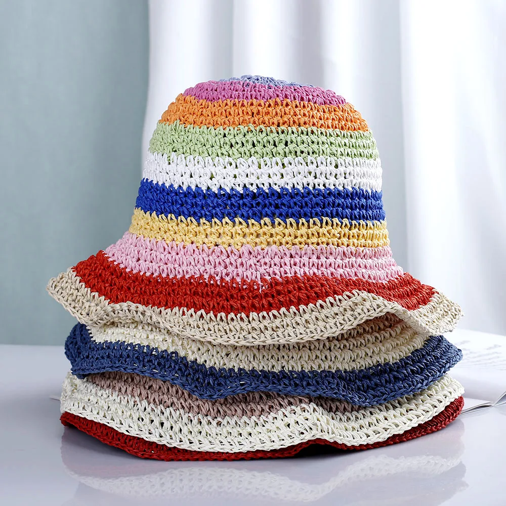 Sombrero de paja de ganchillo para mujer, visera plegable con protección UV, Arco Iris, hecho a mano, para playa, verano, 2021