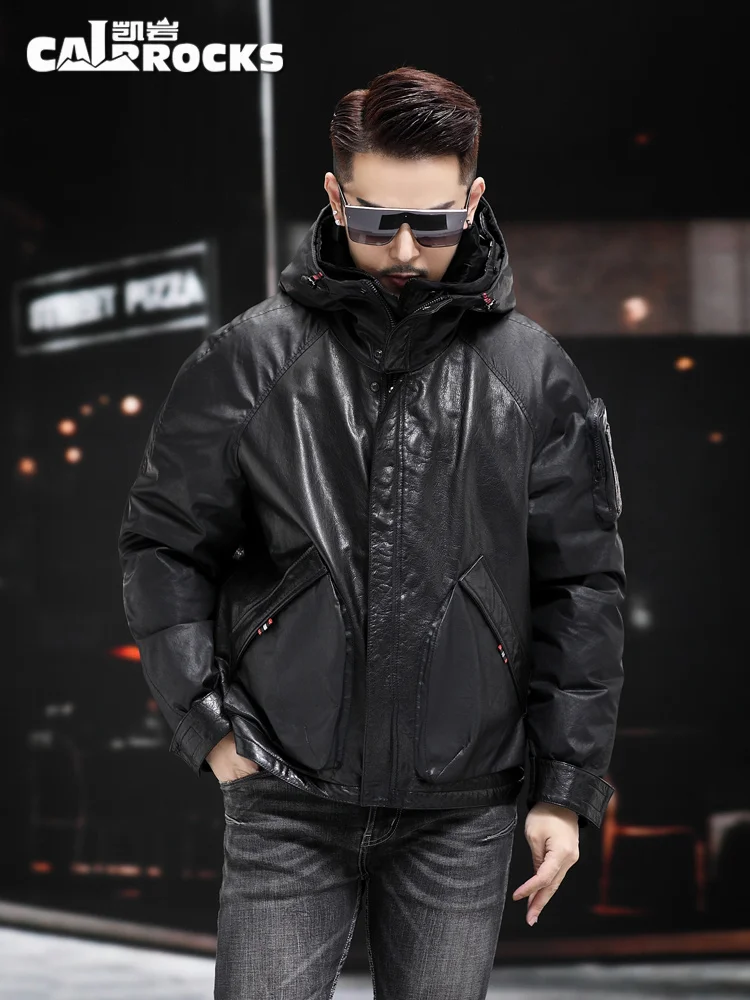 Winter Genuine Leather down Jacket Leather Coat Men's Cowhide Hooded Jacket Loose Mechanical Style Workwear Removable Liner Coat