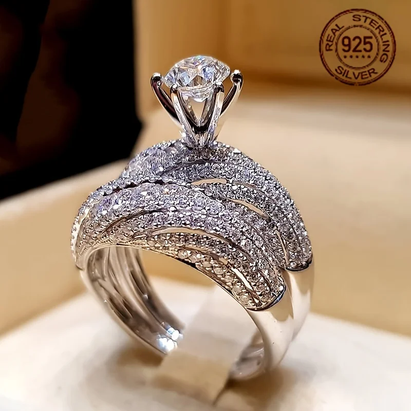 

Женские кольца из стерлингового серебра 925 пробы, роскошные комплекты обручальных колец с полым дизайном из белого золота в стиле ретро, модные комплекты обручальных колец с цирконием