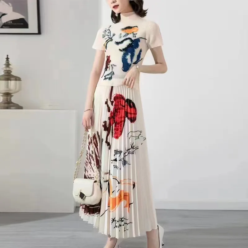 2023 Summer New Sanzhai Ruffled Fashion Slim Fit Women's Small Shirt Printed Hundred Pleated Half Skirt Two Piece Set Skirt