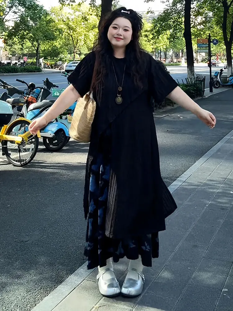 plus Size Summer Outfit Black Asymmetrical Short Sleeve Top And  Half Skirt Two Piece Set for Women Slimming Effect
