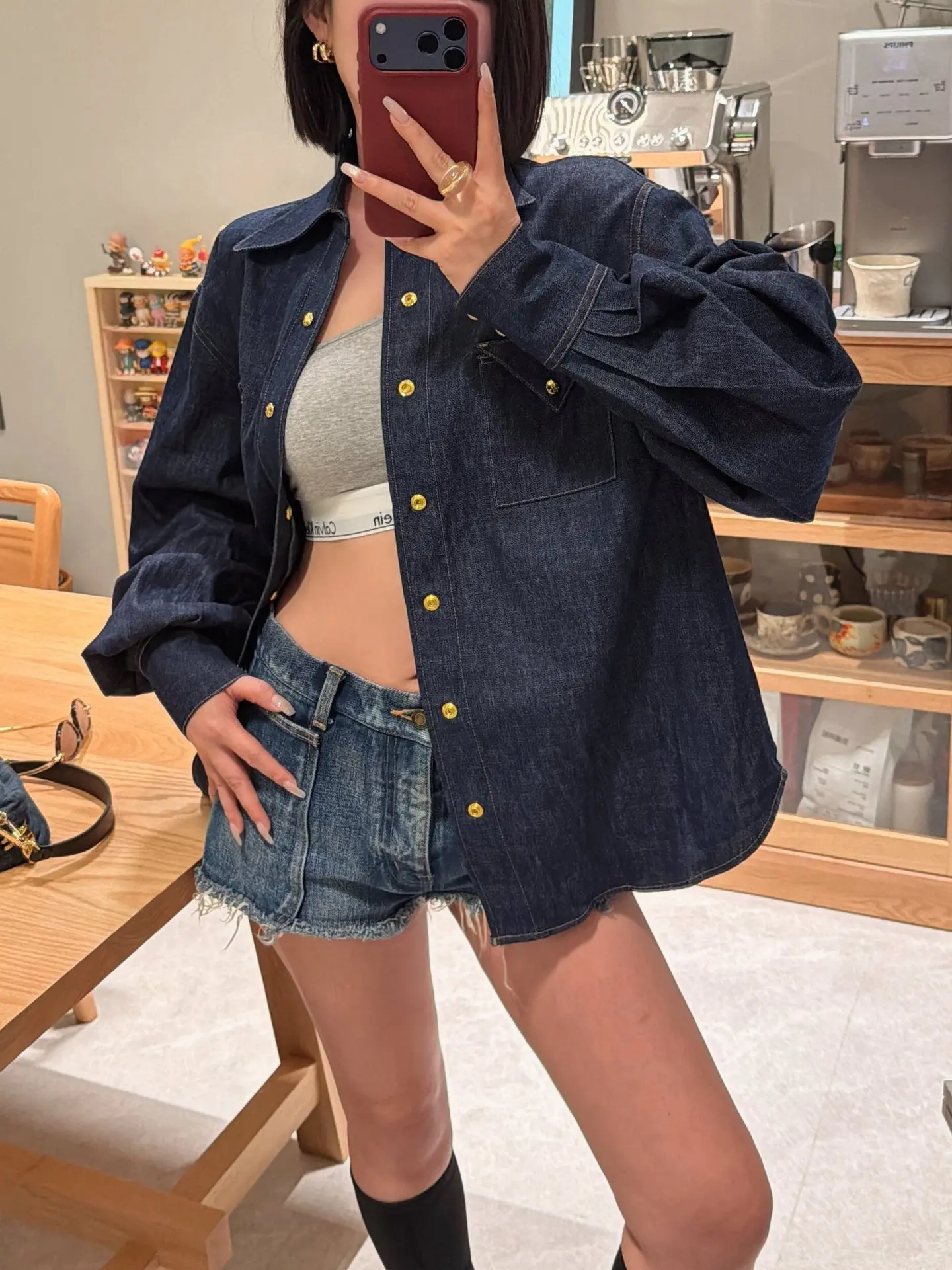 

Loose Lantern Sve Deep Blue irt Collar Gold Button Simple Match Denim Jaet Women's Casual Faion Spring Summer