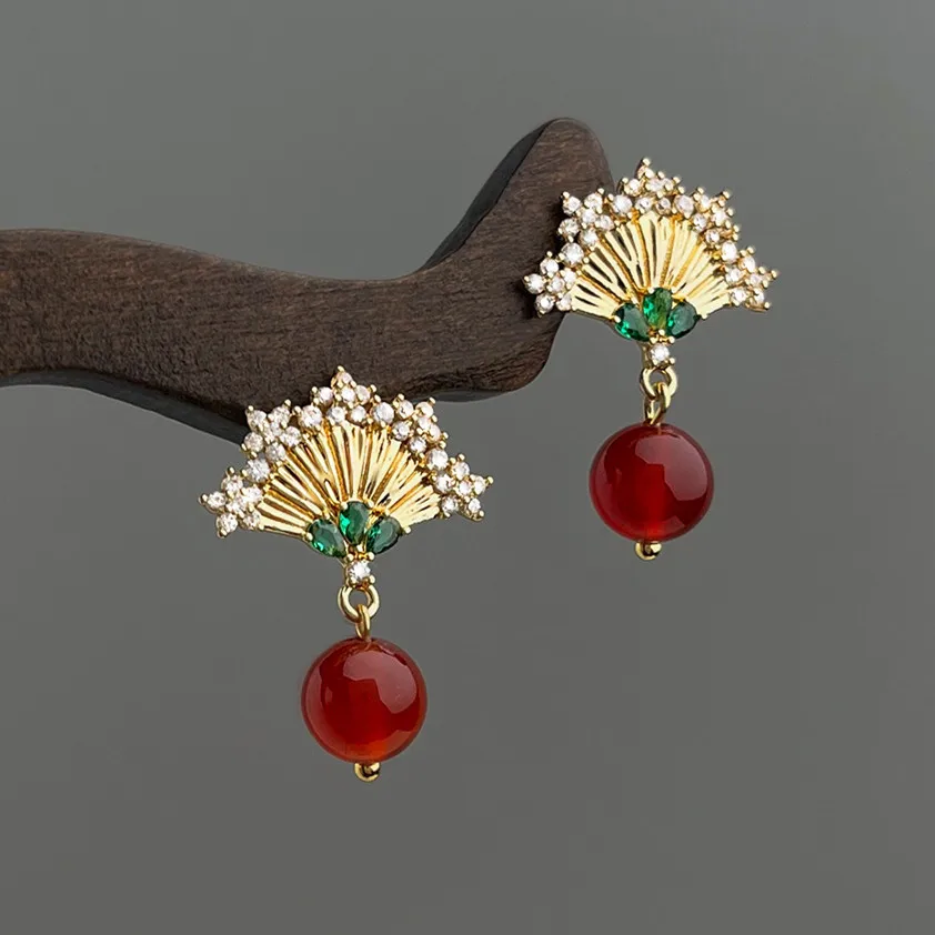 

Vintage Full Rhinestone Fan Shaped Beads Drop Earrings Women Fashion Luxury Zircon Stud Ear Jewelry on Party Birthday Gifts
