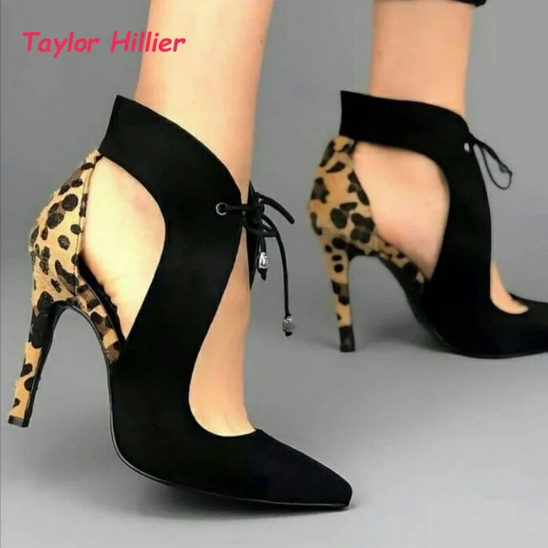 Faux Suede Stiletto High Heels Women Fashion Leopard Print Patchwork Cutout Side Hollow Lace Up Summer New Elegant Runway Shoes