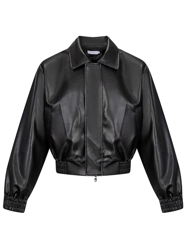 

Casual PU Leather Jaet for Men Spring Autumn Sle Quilted Zipper ort Coat Cool And Haome Flip Collar Biker Coat