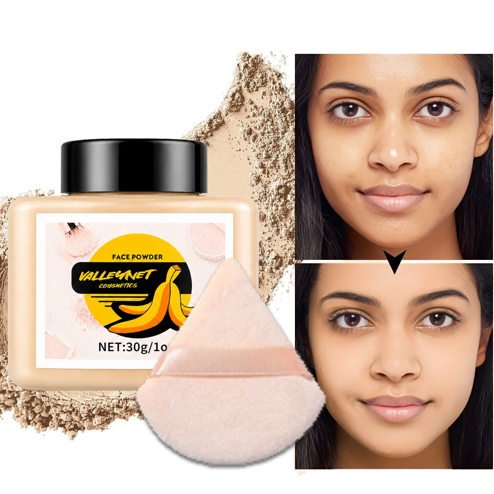 2-teiliges Gesichts-Make-up-Set: 1 Stück loses Puder + 1 Stück Puderquaste, matt, langanhaltend, wasserfest und schweißfest, ölregulierend, natürlich makellos