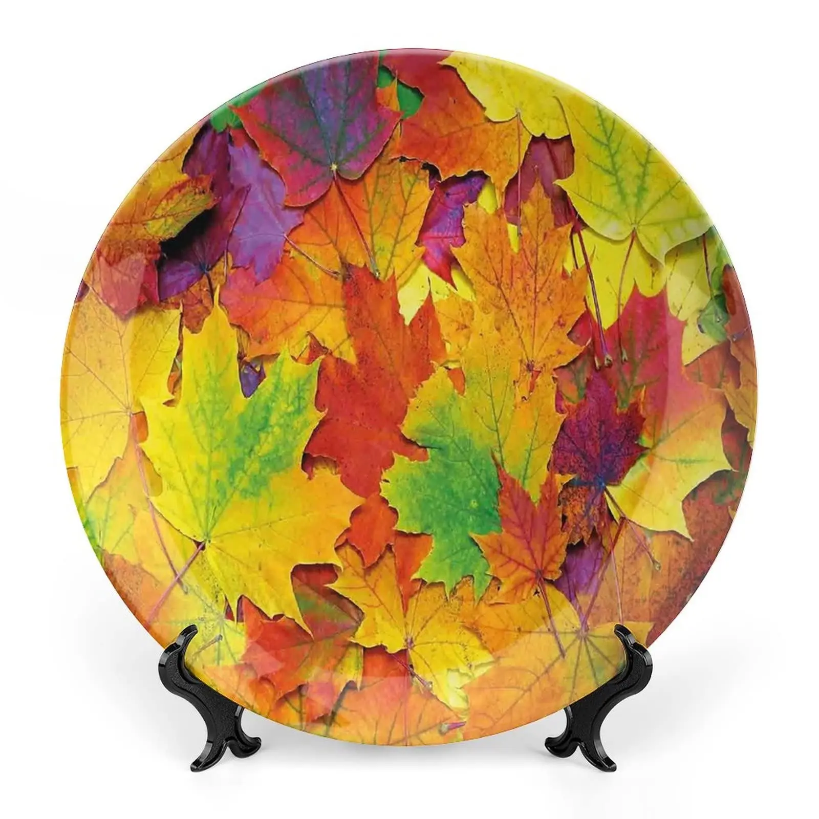 Multi Colored Autumn Fall Maple Leaves in, Decorative Plates, Orange Print Ornament, 1 Plate with 1 Display Stand, Burnt Orange