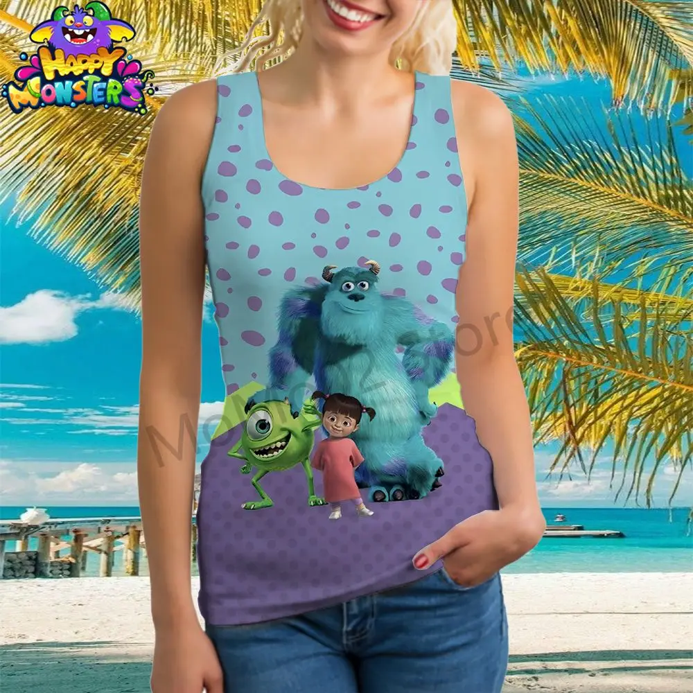 Disney Monsters Inc. Damska kamizelka T-Shirt Kawaii Topy bez rękawów Odzież uliczna Odzież damska S-3XL Moda Lato 2024 U Neck Y2k