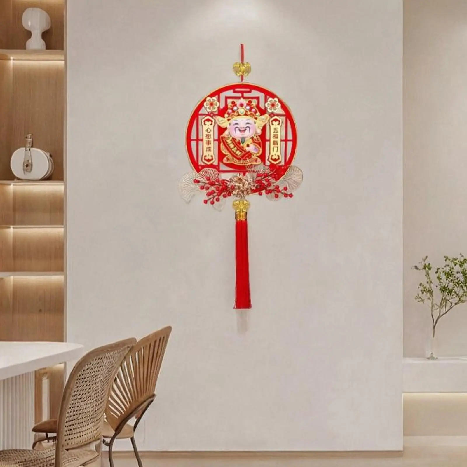 Chinese New Year Hanging Decoration Pendant with Tassels Chinese Character with Red Berries Holiday Blessing Wall God of Wealth