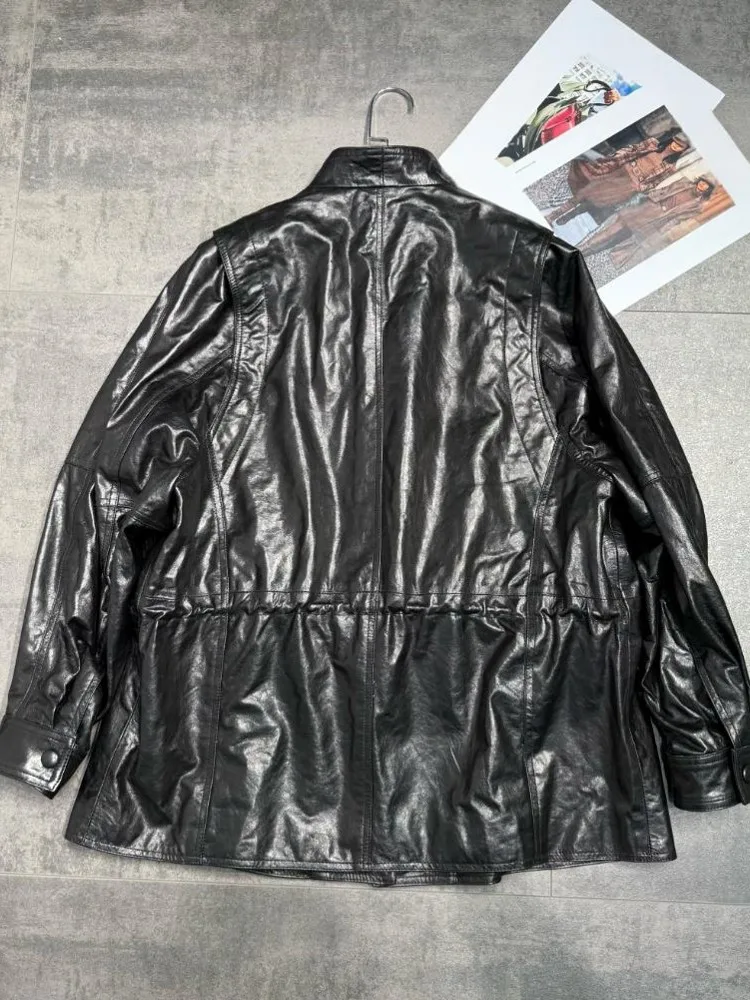 الخريف الشتاء النساء مزدوجة الصدر النفط الشمع جلد الغنم معطف جلد طبيعي عادية فضفاض صالح سترة السيدات ترتيب الأسرة طوق معطف