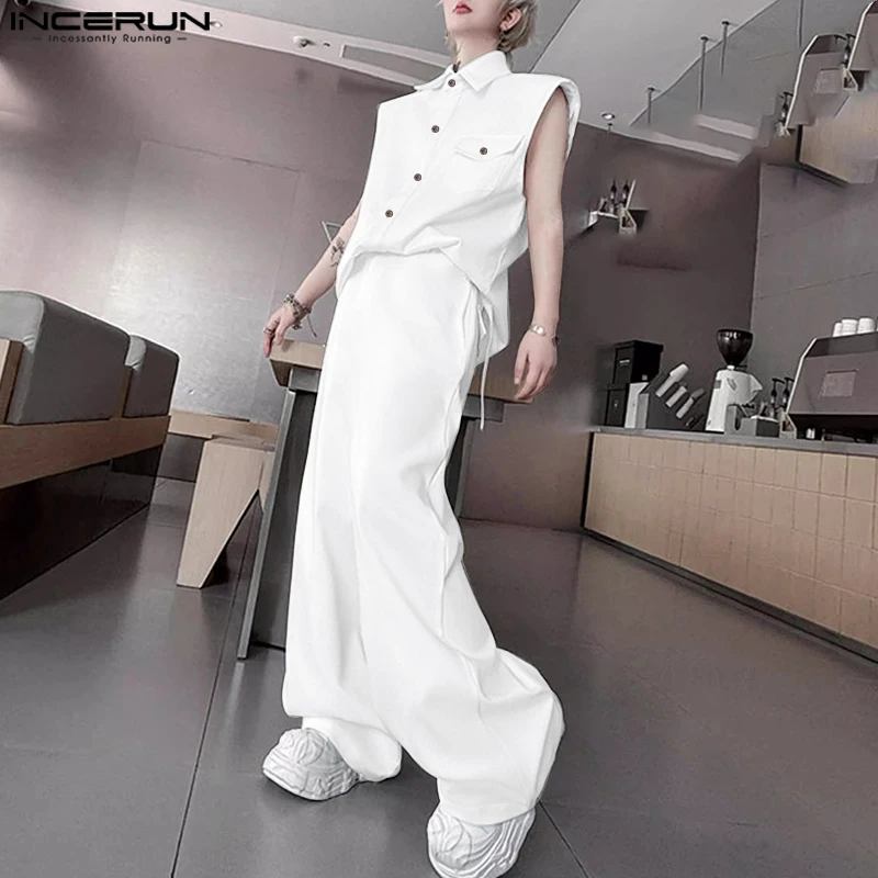 

INCERUN мужские комплекты однотонная рубашка без рукавов с лацканами и брюки комплекты из двух предметов уличная одежда свободные модные мужские повседневные костюмы S-5XL