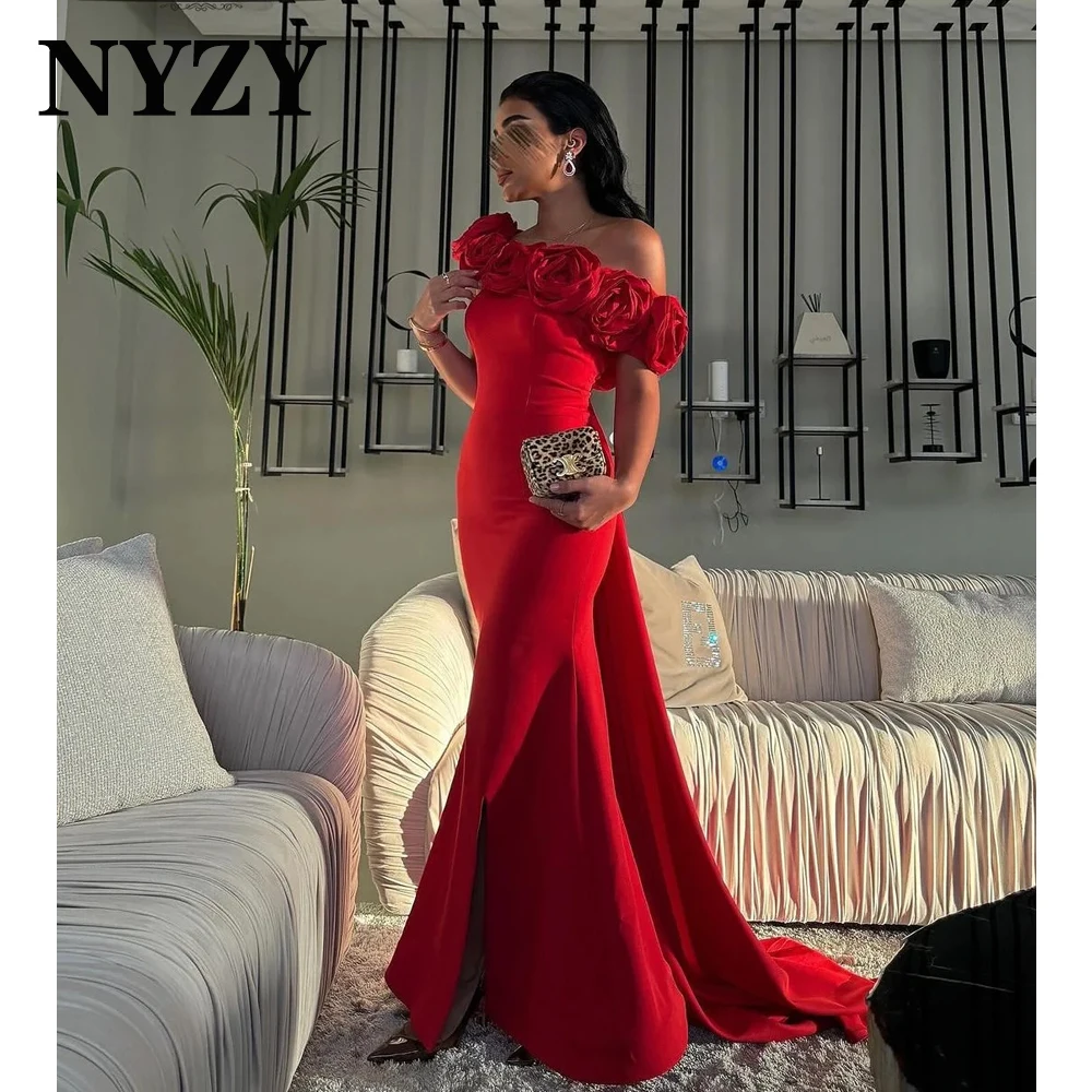 

NYZY E446 Customized 3D Flowers Off the Shoulder Jersey Mermaid Red Evening Dresses 2025 Party Prom Gowns