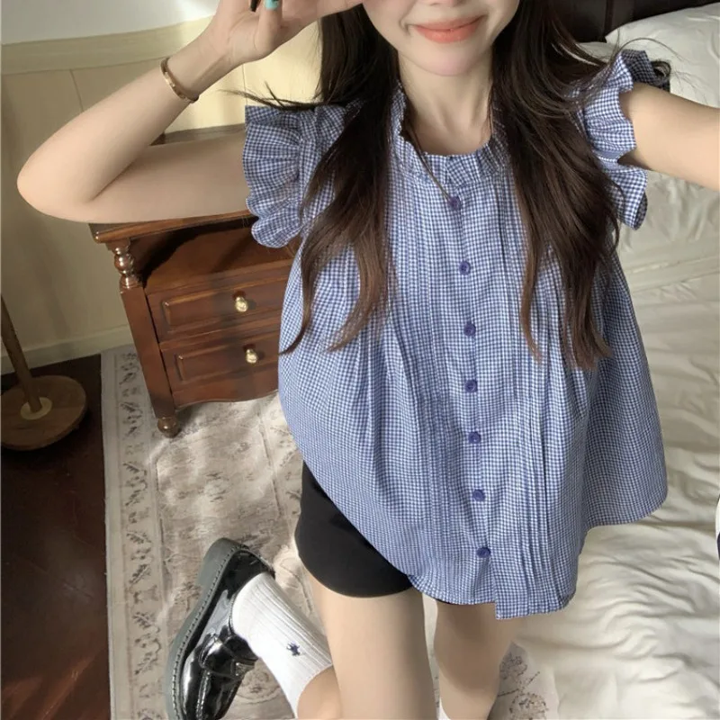 Women Shirt Sweet Plaid Ruffles Design Vintage Chic Sleeveless Cozy French Style All-match Lovely Ins Summer Students Popular