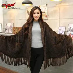 Women Fur Poncho Winter Black/Brown Knit Natural Mink Fur Scarves Wraps Real Mink Fur Shawls for Women Mink Fur Shawl D9