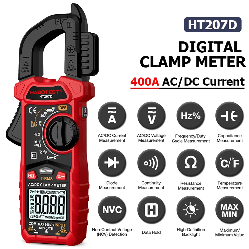 HT207D AC DC Digital Clamp Meter Multimeter 600V True RMS 400A AC/DC Current Amp Meter Voltage Capacitance Temperature Tester