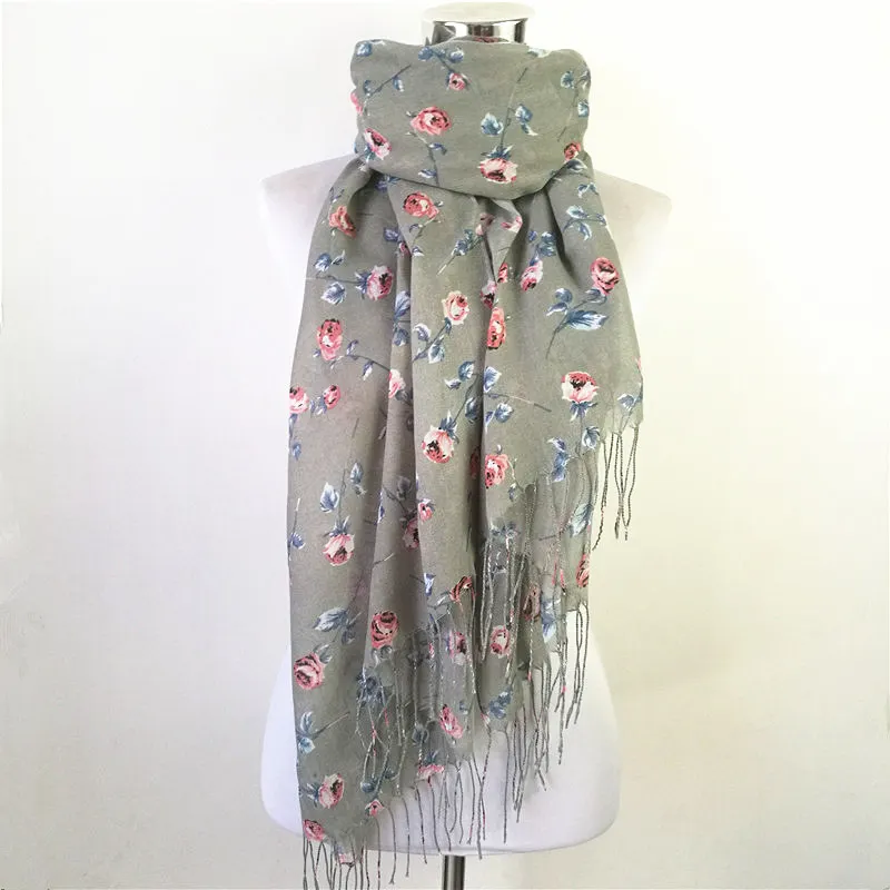 Hot Sellin Warme Vrouwen Bloem lange Sjaal Vrouwelijke Kleine Rose Print Chevron Sjaals Winter Planten Sjaal Wrap