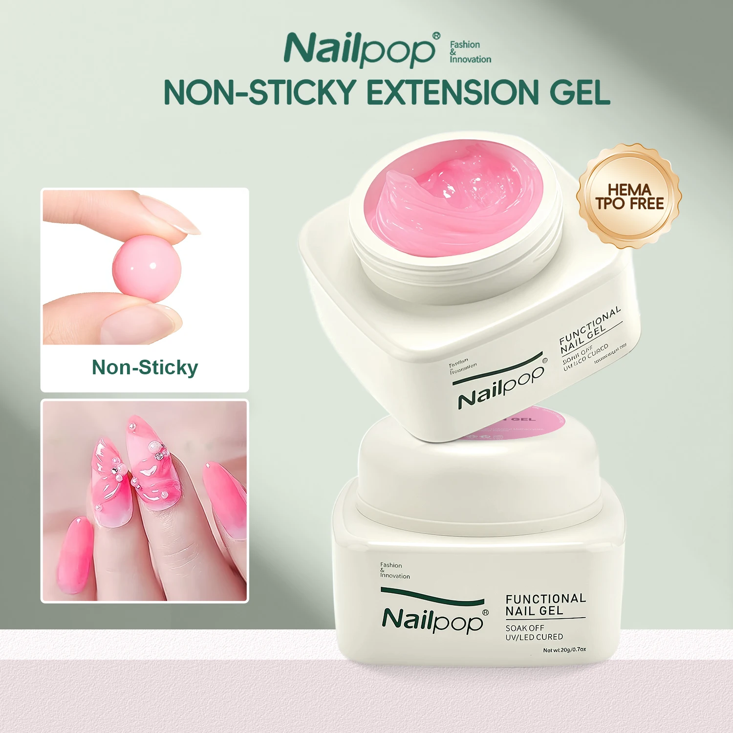 

Nailpop Non-Sticky Extending Gel Without TPO/HEMA for Crystal Nail Tips Sculpting and Rhinestone Adhesive Adhesion Durable DIY