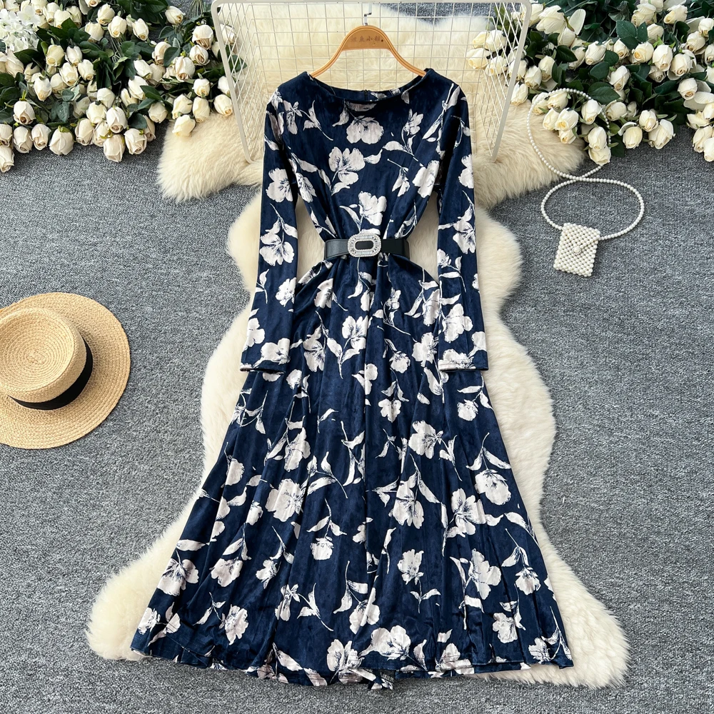 ชุดเดรสพิมพ์ลายแขนยาวสไตล์วินเทจ สวยหรู เซ็กซี่ สำหรับผู้หญิง ใส่ไปงานปาร์ตี้ แฟชั่นเกาหลี สไตล์แฟรี่คอร์
