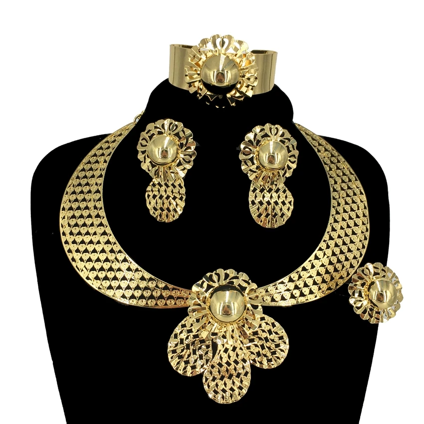 

African Women Banquet Dating Wedding Accessory Newest Brazilian 24K Gold Plated Jewelry Sets FHK15005