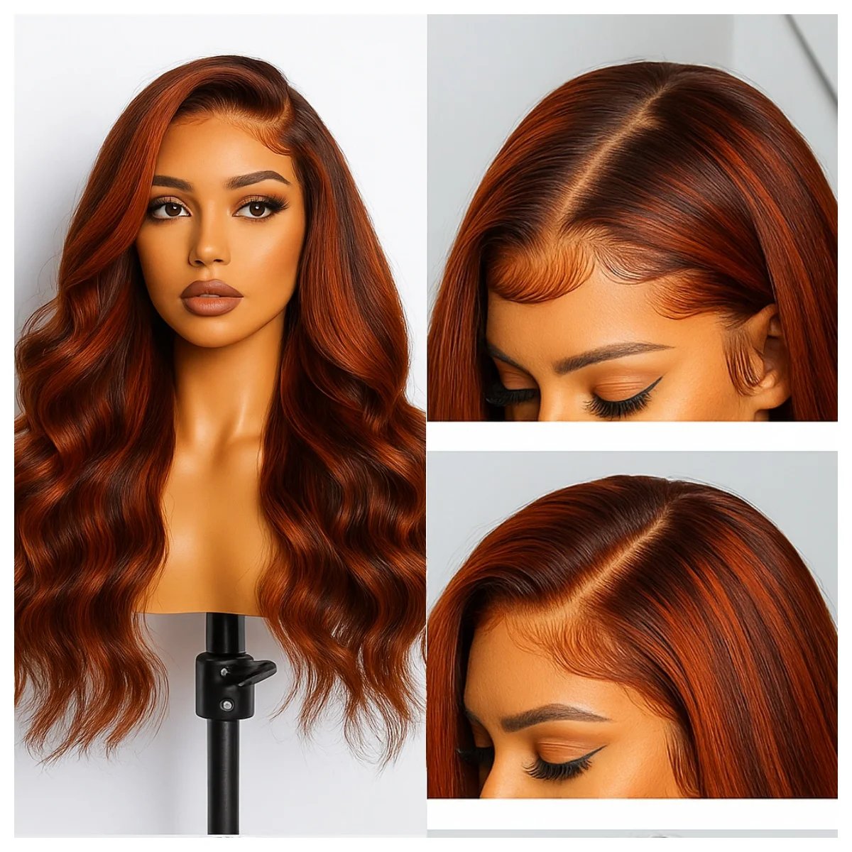 Wig Rambut Body Wave Transparan 5x5 dengan Lace Depan, Kepadatan 200, Warna Cokelat Jahe, Wig Rambut Brasil dengan Baby Hair untuk Wanita