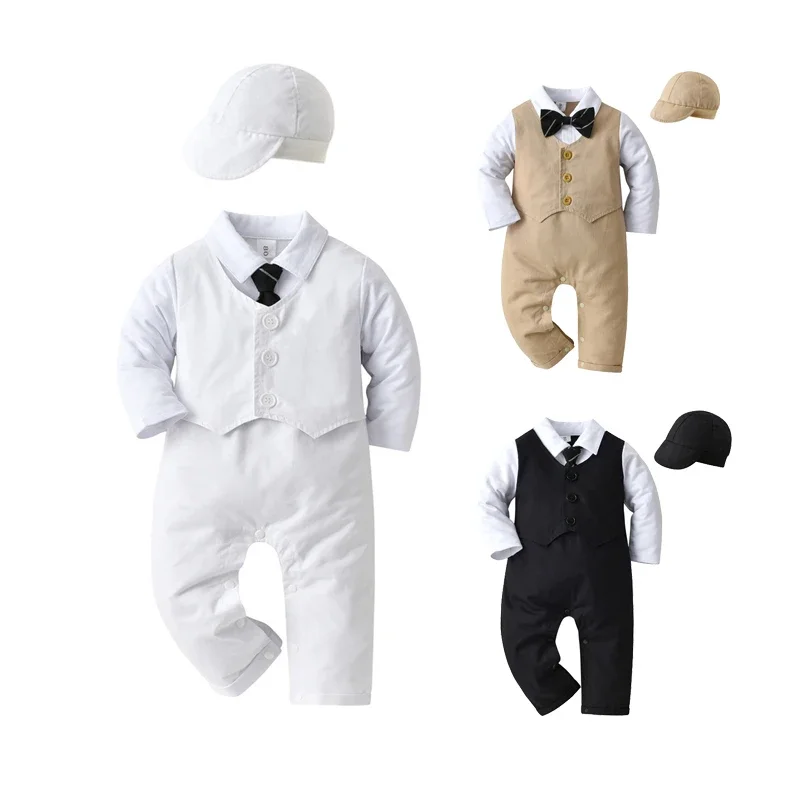 Baby Clothes Set Newborn Infant Designer Gentleman Suit Long Sleeve Romper Bodysuit with Tie Formal Outfit for Wedding
