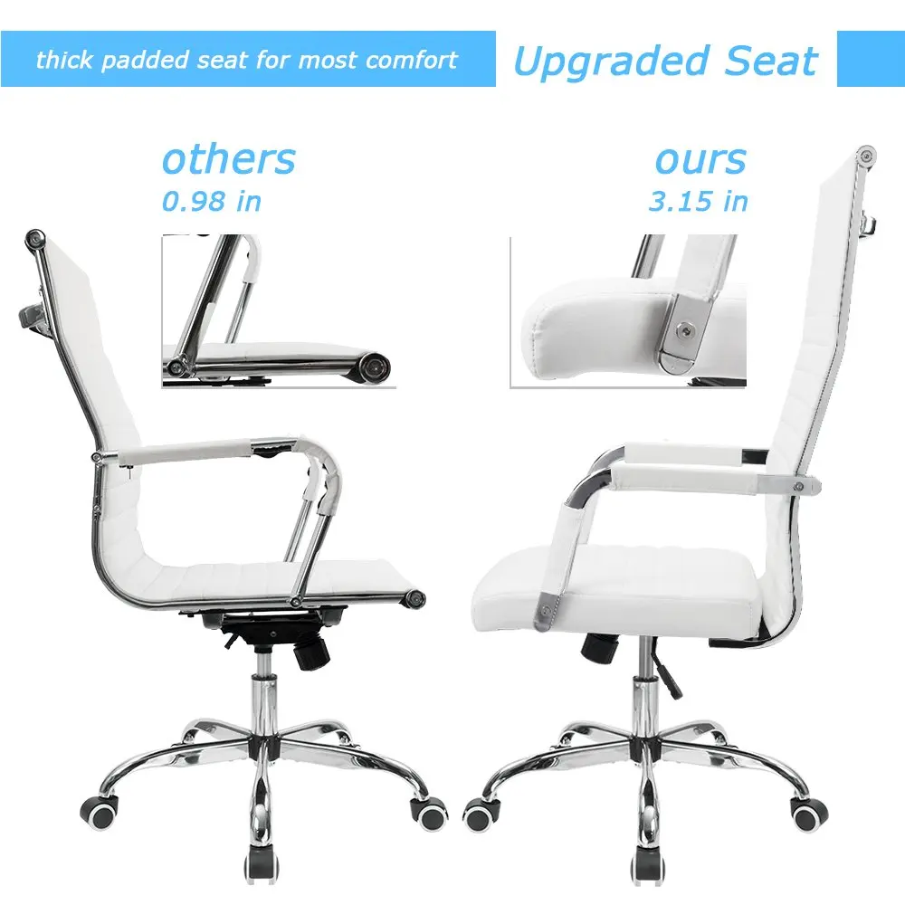 Ribbed Office Chair High Ba Pu Leather Executive Conference Chair Adjustable Swivel Chair With A (White)