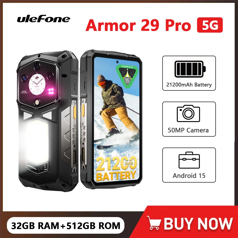 Ulefone Armor 29 Pro 5G Rugged Phone 21200mAh Smartphone Android 15 64MP Night Vision 120Hz 512GB ROM 6.67 Inch Cellphone NFC
