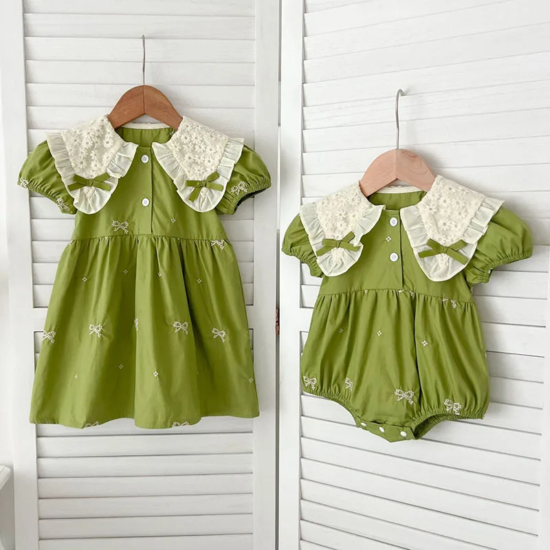 ملابس شقيقة صيفية جديدة لعام 2025 فساتين أميرات للأطفال رومبير للأطفال بأكمام قصيرة مطرز بالقطن فستان حفلات للفتيات الصغيرات #4