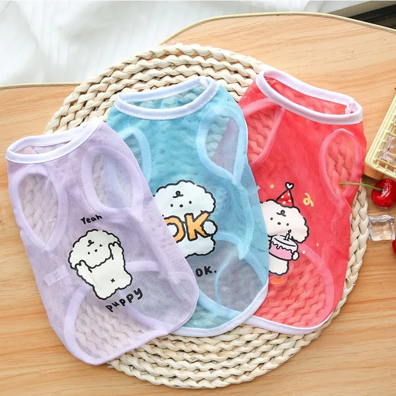 

New Pet Clothing Fresh and Fashionable Summer Thin Cat and Dog Clothing Breathable Mesh Cute Cartoon Dog Print
