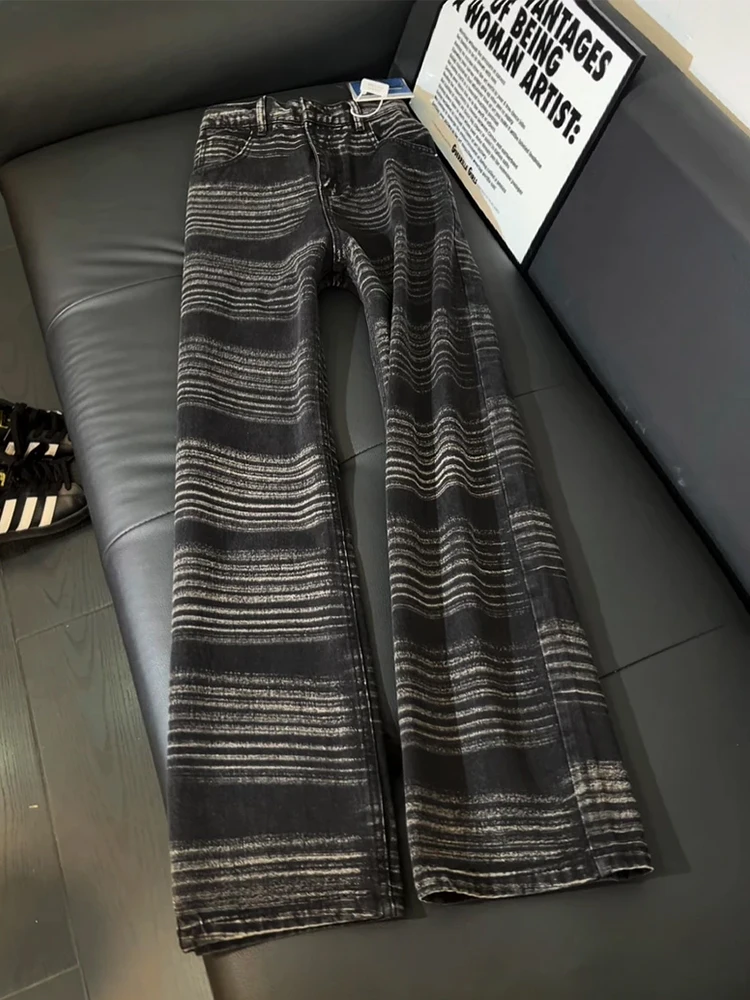 

American High Street Stripe Men's Jeans Winter Slim Flared Haome High-End Feel Straight Leg Long Pants Casual Wear