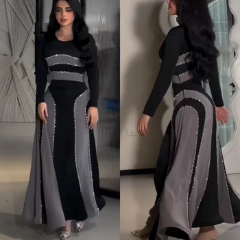 Personalizado Sparkle exquisito Jersey drapeado rebordear noche A-line cuello redondo vestido de ocasión a medida vestidos Midi