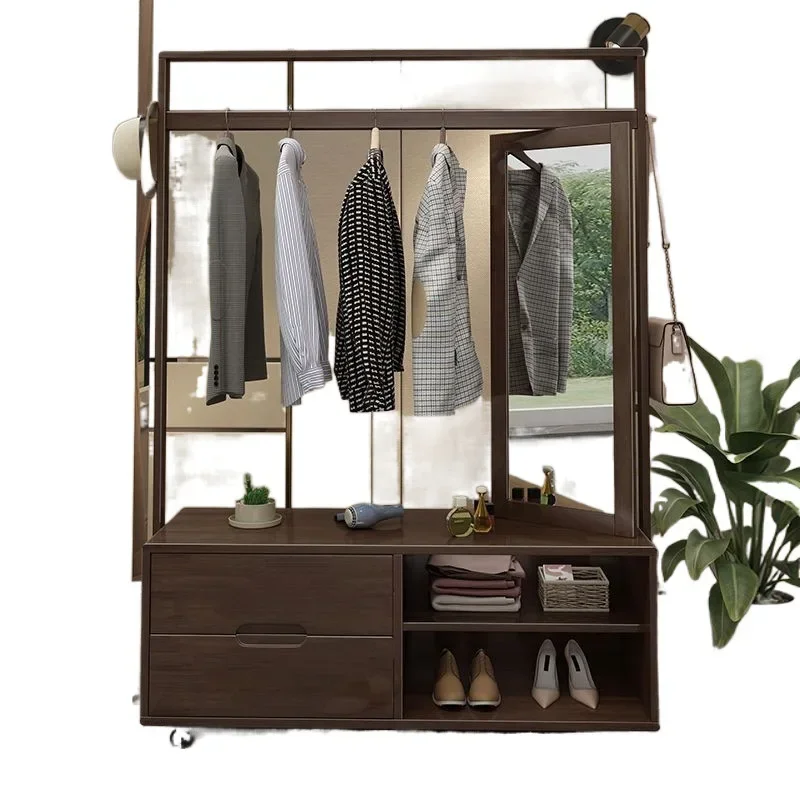 Solid coat rack Bedroom floor hanger with full-length mirror integrated multi-functional bold storage