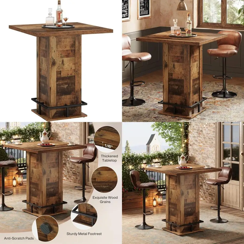 

Высокий квадратный барный стол в индустриальном стиле для бистро, паба, домашнего бара, кухонной зоны - коричневый (только стол)