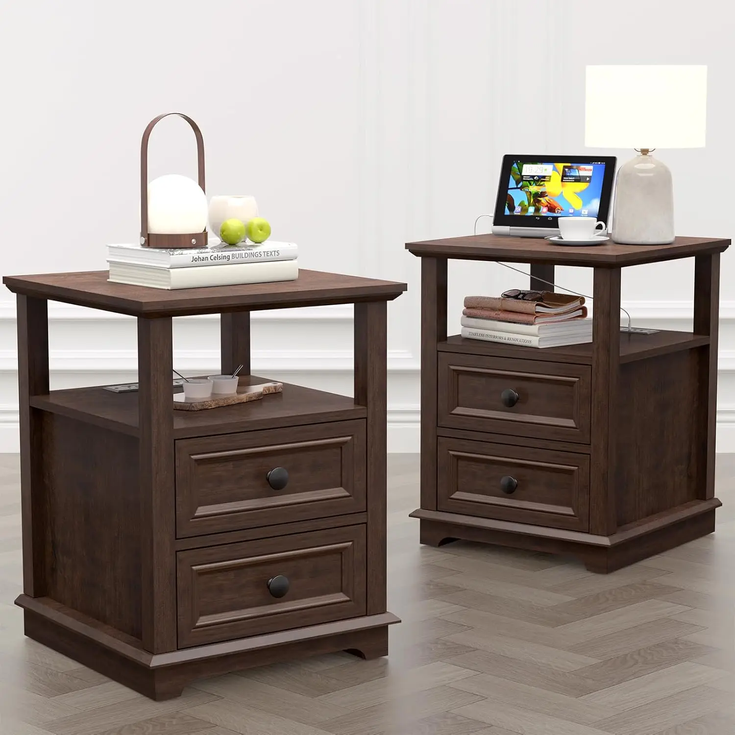 Nightstand with Charging Station Set of 2,End Table Set of 2, Large 18” Side Table with Drawers, Storage Cabinet with Open Shelf