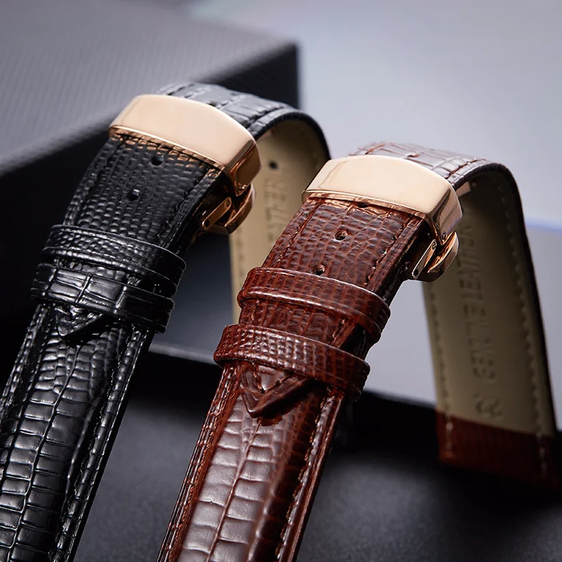 Universal Leather Watchband with Butterfly Buckle Lizard Pattern Leather Watch Band 14mm 16mm 18mm 20mm 22mm 24mm