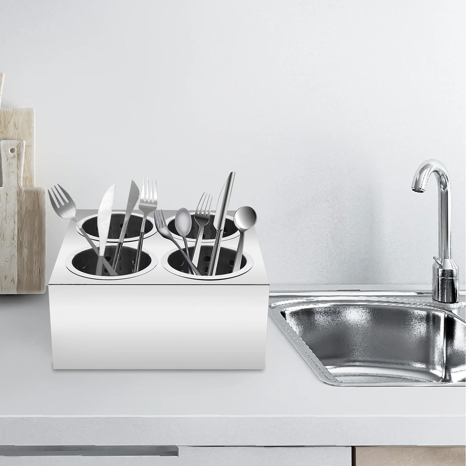 กล่องเก็บมีดและส้อมแบบ 4 ช่อง 2 แถว ยี่ห้อ Bymaocar สำหรับวางบนเคาน์เตอร์ ทรงกระบอก วัสดุสแตนเลส สำหรับจัดเก็บอุปกรณ์ครัว