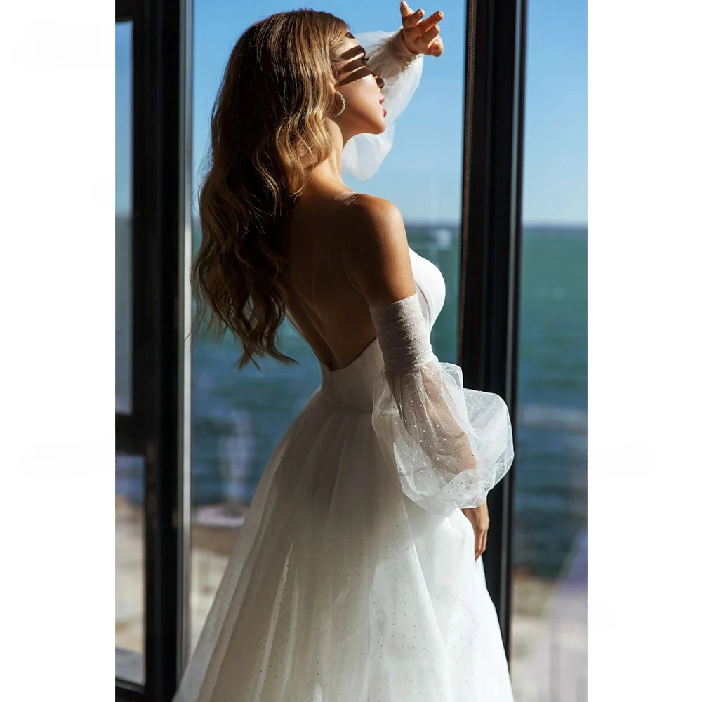 Elegante sem alças mangas puff vestidos de casamento com trem destacável moda pontos brancos sereia vestidos de noiva de praia