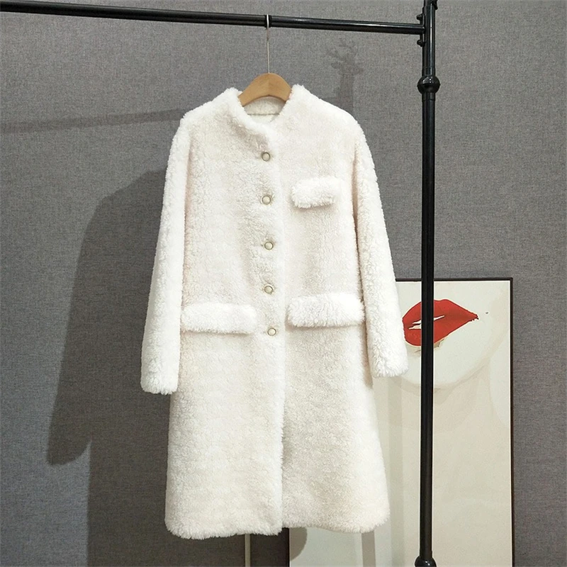 

Женское повседневное свободное пальто из чистой шерсти с круглым вырезом, женское теплое зимнее пальто из овечьей овчины JT506