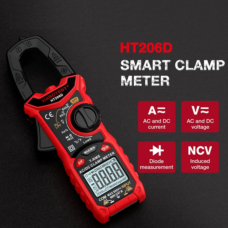 HT206 Digital Clamp Meter NCV 6000 Counts DC AC True RMS High Precision Multimeter Automatic Current Voltage Temperature Tester