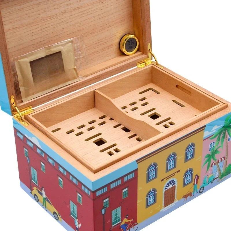 Cedar wood cigar box, double-layer piano paint, Hawaiian style, large-capacity humidification and moisturization