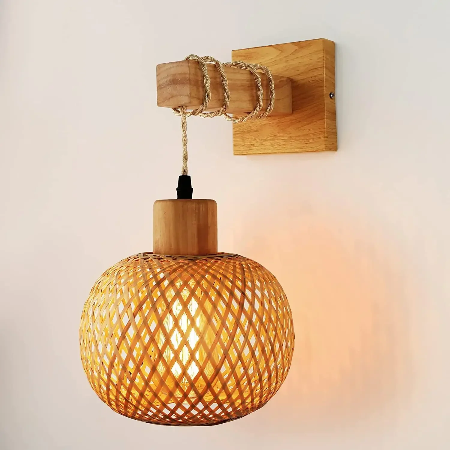 Country Interior Background Wall Lamp Retro Japanese Style Bamboo Wall Lamp Restaurant Rattan Lighting Bedside Bedroom Farmhouse