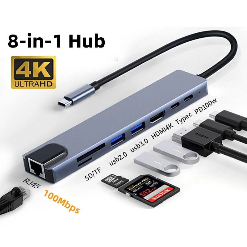 

8 in 1 USB C Hub Type-C to Multiports 4K HDMI RJ45 PD Charge SD/TF Card Reader Type C To USB Adapter Dock For MacBook Air Pro PC