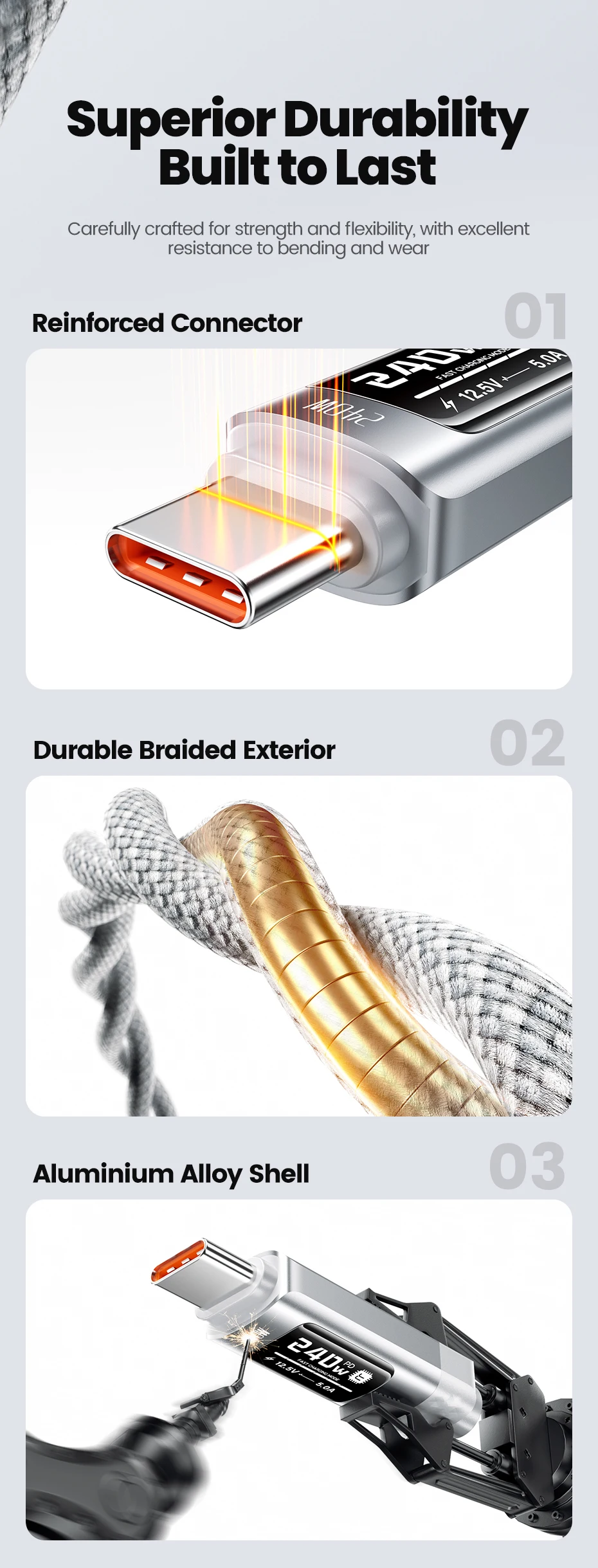 Toocki PD 240W USB-C zu USB-C Kabel 1/2/3 Stück Weiß OLED Digitalanzeige SFC 2.0 Schnellladekabel Typ C für iPhone 17 Samsung – Detail 11