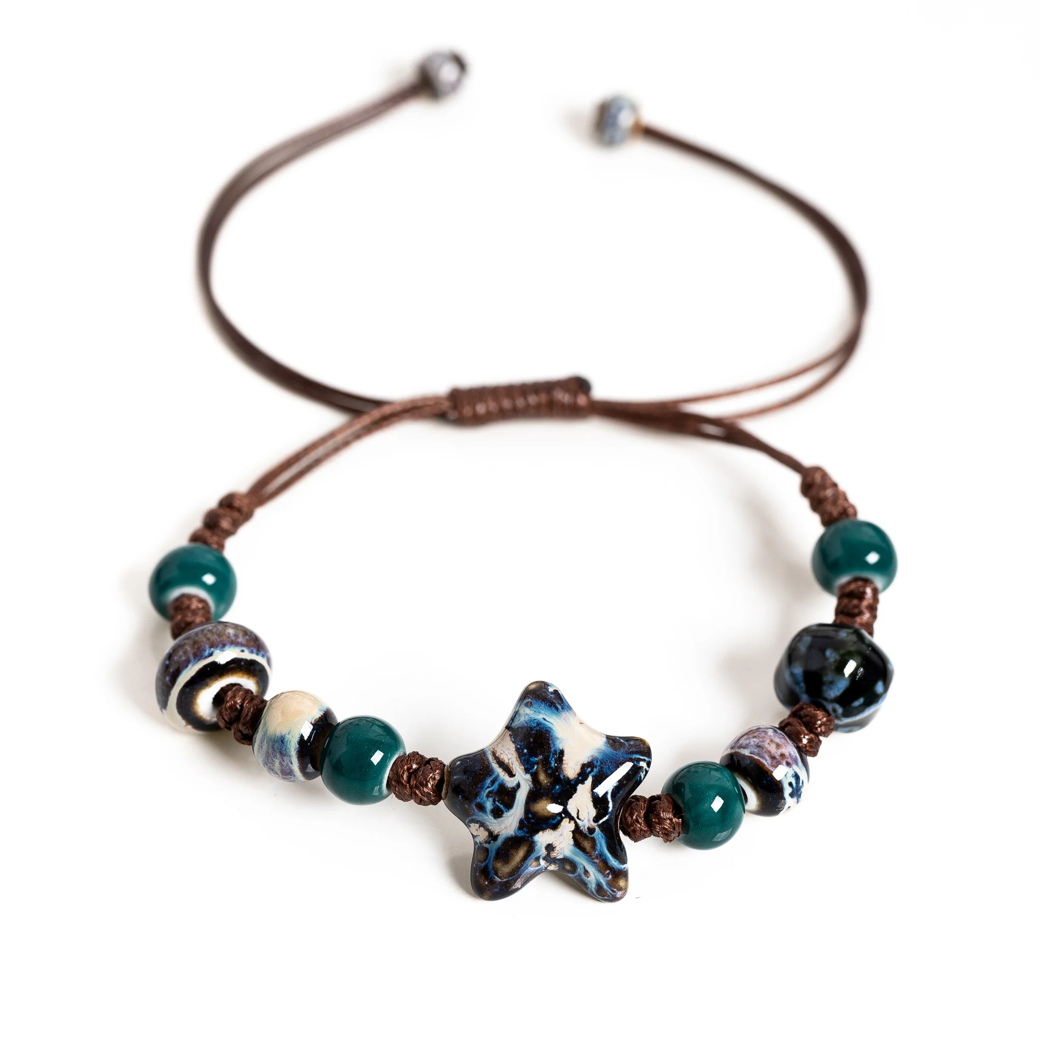 Keramik-Seestern-Armband Handgefertigt Verstellbare Wachsschnur Zarter Schmuck Natürlicher Vintage-Stil für Mädchen Tägliches Tragen Geschenk S03-240