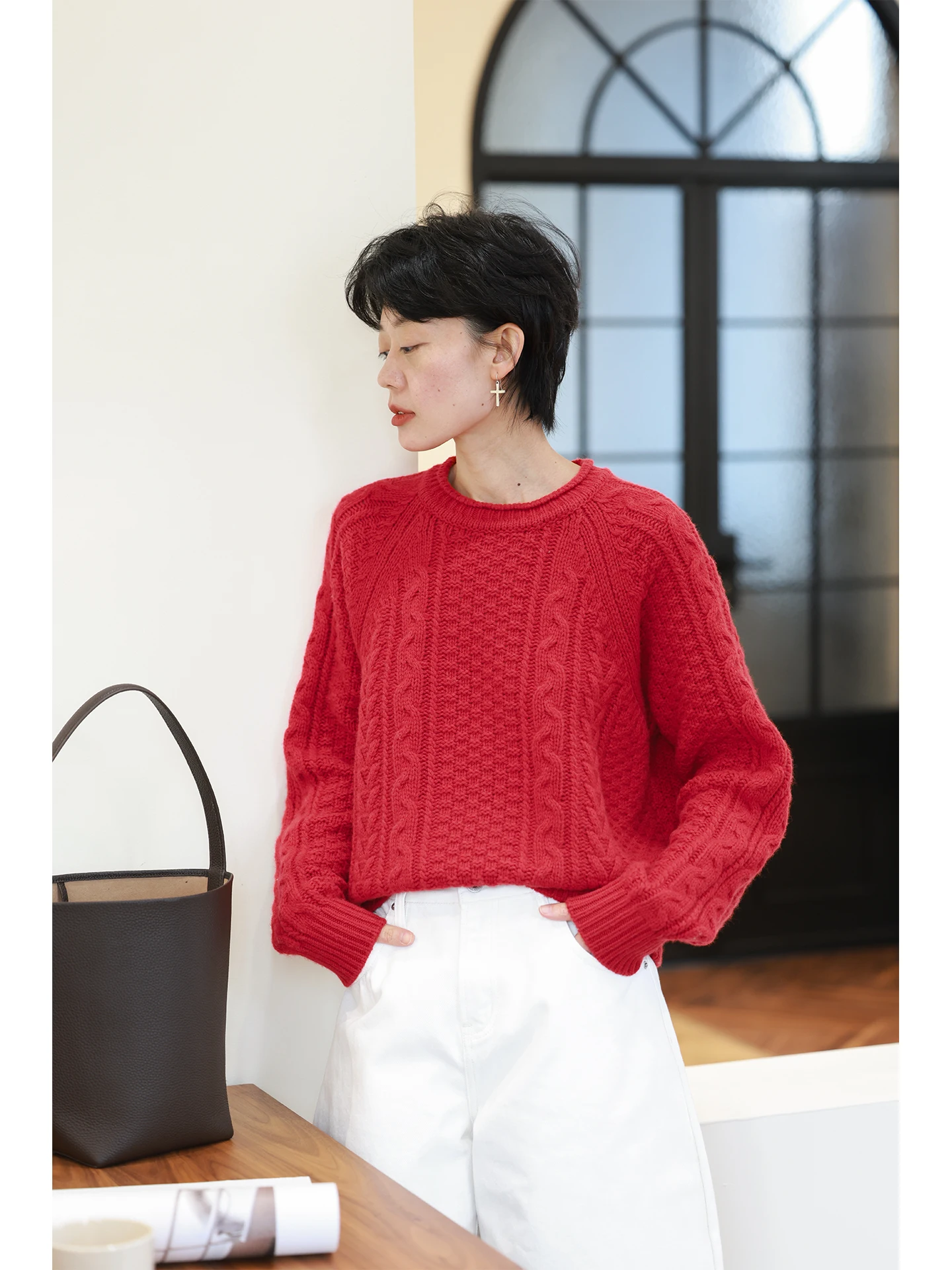 

Вязаный свитер из 100% шерсти Thiened, женский, свободного кроя, с отворотами, повседневный, винтажный, с узором «косичка»